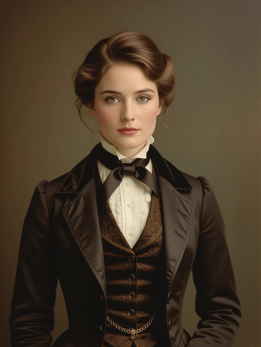Realistic portrait of 19th-century figure in vintage attire. Figure wears period clothing and stands against dark painterly background. Soft dramatic lighting creates cinematic tones. Detailed textures show high realism. Figure looks directly at camera with calm expression.