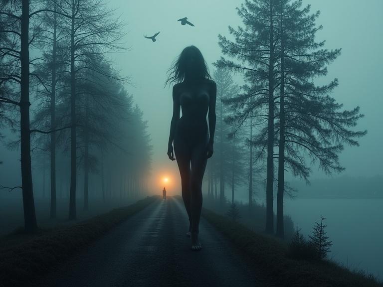 A surreal double exposure depicts a woman's silhouette in a haunting forest scene. A glowing winding road leads through fog and shadowy pine trees. A lone figure stands obscured in the mist. Crows circle above. The colors are muted with deep blues, grays, and orange.