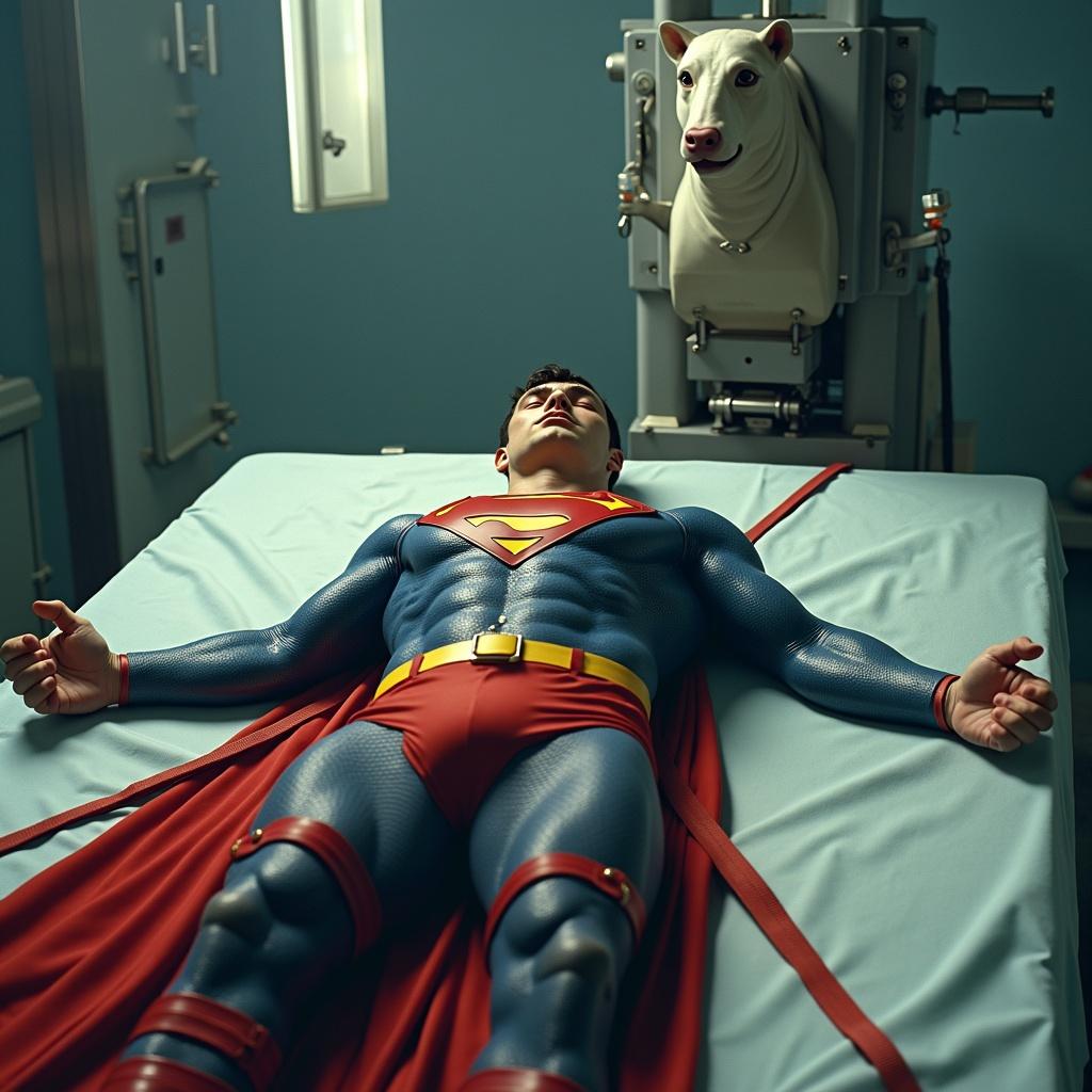 Superman lies on a lab slab in red trunks and a yellow belt. Kryptonite restraints are visible. A milking machine is positioned overhead.