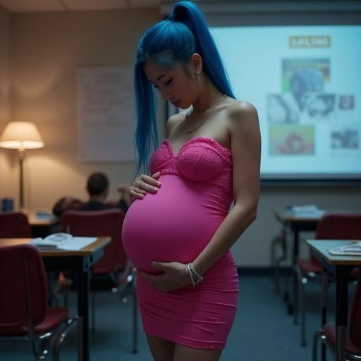 A pregnant individual sits in a classroom with dim light. Wearing a shiny, strapless pink bodycon dress. Hair in a blue ponytail. Concerned expression while holding a large baby bump. Feet up on a couch. Converse shoes visible. Ankle bracelet adorns the foot. Soft surroundings with classmates in the background.