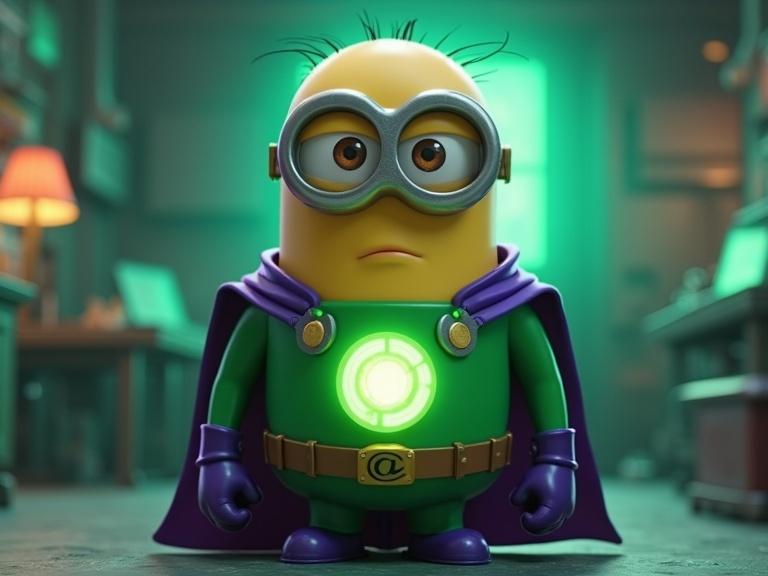 A minion dressed as Lex Luthor. Green and purple power suit. Glowing reactor core on chest. Serious expression. Bald head. Standing in a Kryptonite-powered lab. 3D cartoon style.