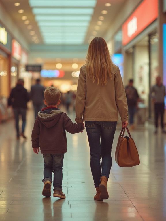 A woman with long blonde hair walks through a mall. She holds hands with her young son. They are walking away from the camera. The mall is filled with shops and has soft lighting. The woman carries a stylish handbag.