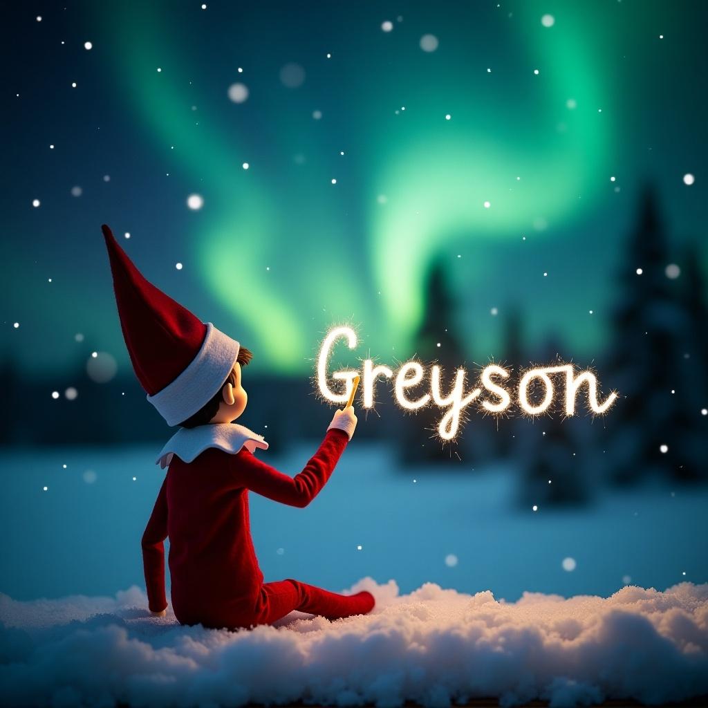 Image features an elf facing a sky with northern lights. It holds a wand and writes 'Greyson' in sparkles. Snow covers the ground, creating a magical holiday scene. The elf wears a red outfit, enhancing the festive vibe.