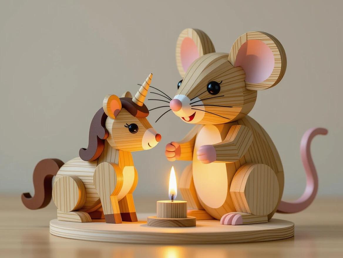 Whimsical cute mouse sculpture made from wooden blocks. Mouse interacts with pony friend also made of wood. Scene includes a candle placed on a round base. Soft warm lighting illuminates detailed woodgrain textures.