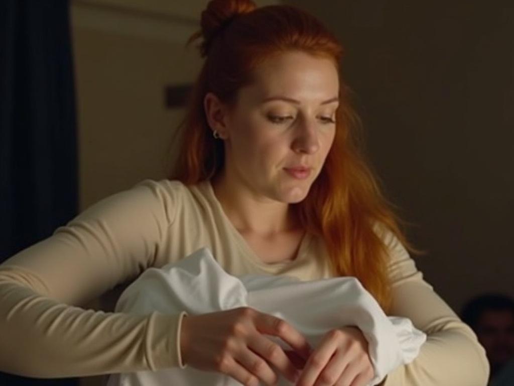 The image features a woman with light skin and long, reddish hair tied in a bun. She appears to be wearing a light-colored top and is engaged in the action of holding a white object or garment. The lighting is somewhat dim, creating a soft glow around the woman and the object she's handling. The background is blurred, suggesting a casual indoor environment.
