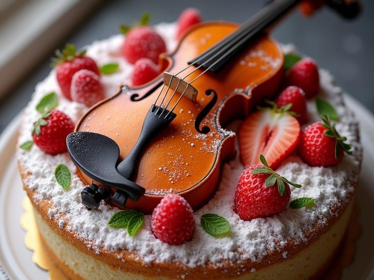 A photorealistic image of a violin in a cake. The cake is decorated with colorful flowers and red fruits. The scene conveys happiness and celebration.