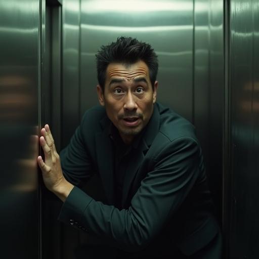 Person in a cramped elevator pressing against the walls. Distressed expression. Walls visually closing in. Tense atmosphere. Modern digital art.