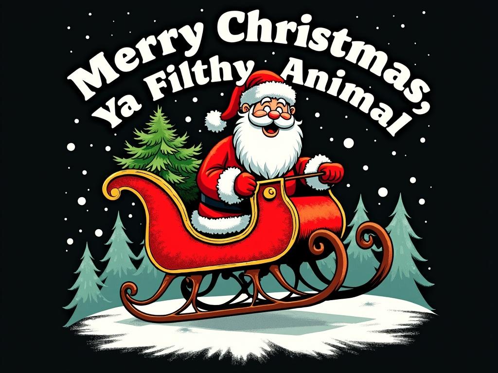 A festive vintage Christmas t-shirt design features a cartoon Santa Claus riding a sleigh. The sleigh is red, white, and green. The text reads 'Merry Christmas, Ya Filthy Animal' in bold, white serif font. The design is centered on a transparent background. Subtle snowflake accents enhance the design. This is a playful, high-contrast style suitable for black unisex t-shirt printing.