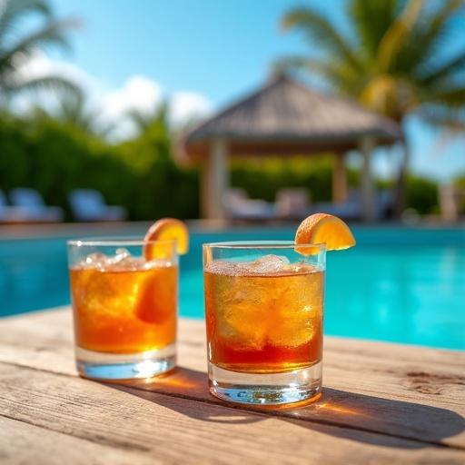 A relaxed Father's Day setting by the water features a close-up of a wooden picnic table. Two classic old fashioned cocktails are placed on the table with ice and garnishes. In the background, a sparkling blue swimming pool, a thatched-roof cabana, and lush green palm trees are visible under a bright blue sky. Crisp natural lighting enhances the wood and drink textures.