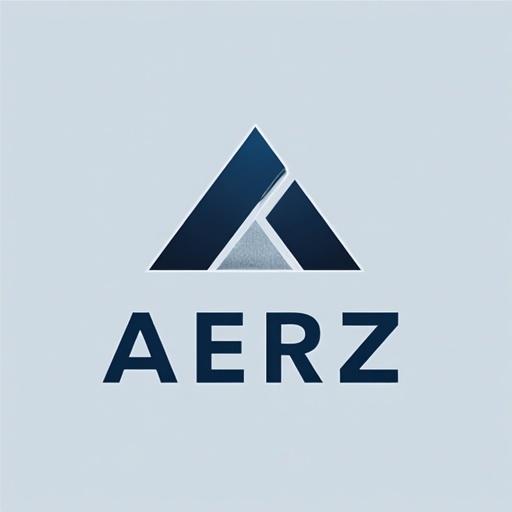 Create a simple and elegant logo representing programming. Use a minimalist approach with clean lines. Include the letters AERZ. The logo should be professional for an engineering consulting office named Aerz. Feature geometric shapes with sharp angles and modern sans-serif font. The palette must have deep blue, silver, dark gray, and white. Include subtle architectural elements. Aim for simplicity and strong branding for documents and digital media. The design should be flat with slight depth or shadow effects.