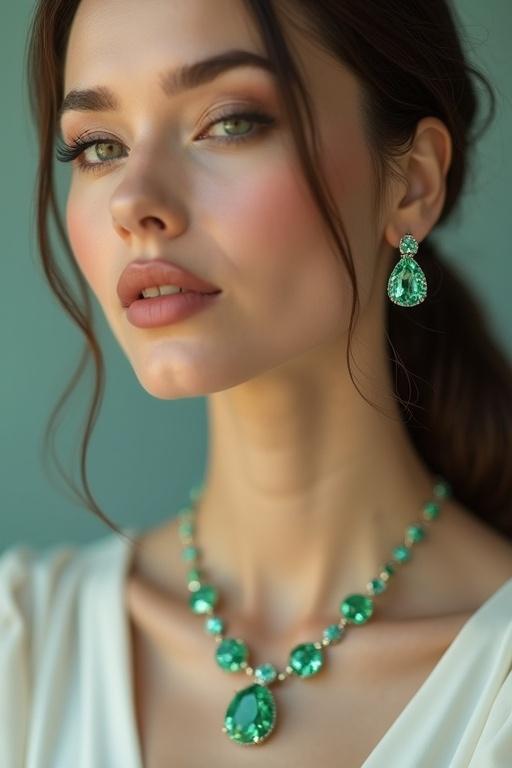 Elegant female model adorned in light green beryl gemstone jewelry. Close-up image focusing on a matching pendant. Soft studio lighting complements pastel background enhancing the gemstone's cool tones. Makeup is minimal to emphasize jewelry's sparkles. High-end fashion editorial style. Sharp focus on gemstones with realistic details.