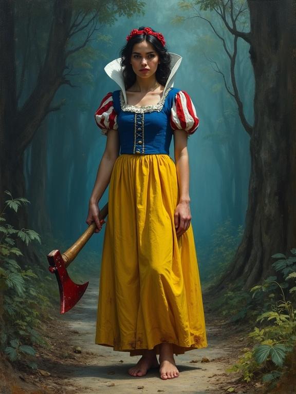Snow White character in traditional clothing stands on a forest path. Clothing is torn and tattered. She holds a red-stained axe and appears determined. Background includes a dark and eerie forest with a cinematic feel.