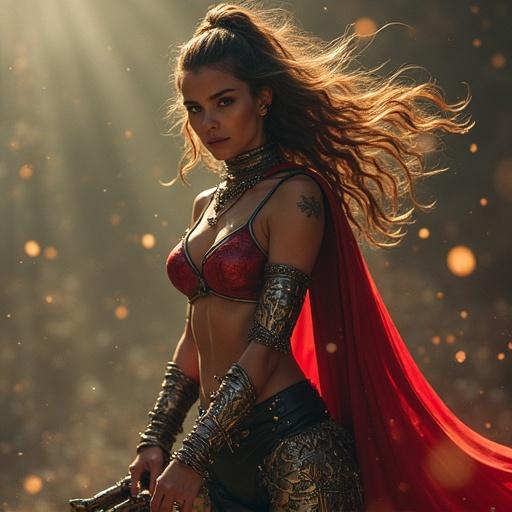 Create an image of a female warrior with a mini skirt made of metal plates and a leather top. She stands confidently with a fierce look. The background is filled with golden light.