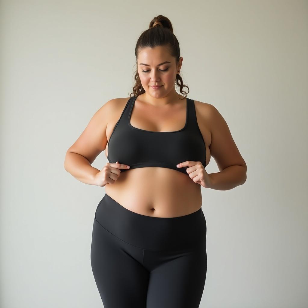 A woman wears a black sports bra and leggings. Body is fit and curvy. Background is neutral. The tone is positive and confident.