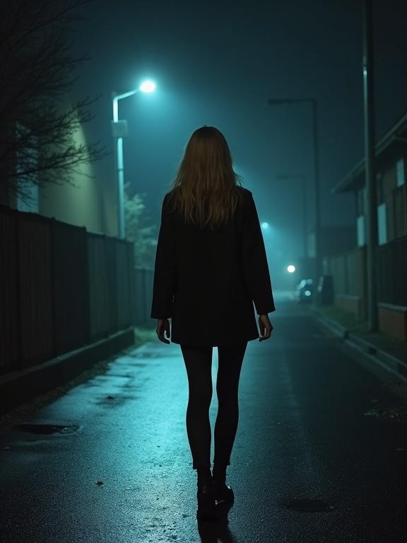 Blonde woman walking in a dark street at night. Setting appears eerie and deserted. Streetlights emit a blue hue. Walking alone in an urban neighborhood. Dimly lit surroundings create a foreboding mood.