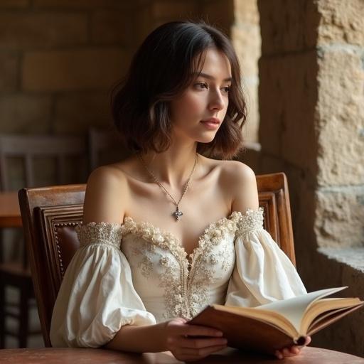 A young woman dressed in elegant medieval-inspired attire sits in a cozy rustic café. She has neatly styled brown bob hair and porcelain-like skin. The dress features delicate embroidery and embellishments, with off-shoulder sleeves and a fitted waistline. She reads a book comfortably, reflecting a peaceful moment. The café has stone walls and warm sunlight filtering through the windows.