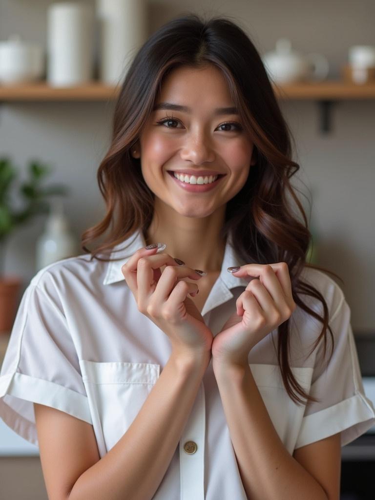 Portrait of a nail technician in a professional environment. Model with hands showcasing nails. Soft and clean aesthetic with stylish presentation. Natural decor and light enhance the beauty of the setting.