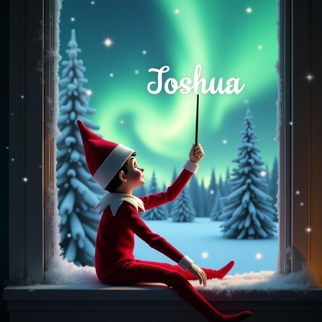 Scene depicting an elf on the shelf sitting on a ledge. He uses a wand to create the name Joshua. Northern lights illuminate a snowy landscape filled with pine trees. Elf wears a red outfit with white trim. Background captures the essence of the holiday.