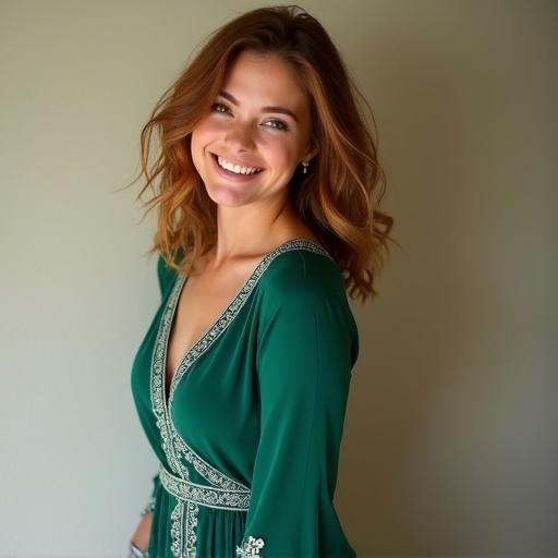 A young woman with wavy brown hair wears an emerald green dress. The dress features white detailing. The woman smiles warmly at the camera. The background is blurred to focus on her. She has light skin and shoulder-length hair. The dress is slightly loose, not showing body shape. She has pink lips and a direct gaze. The photograph is casual, taken close up. The lighting is natural and highlights her features. The atmosphere is friendly and relaxed, creating a sense of simplicity and comfort.