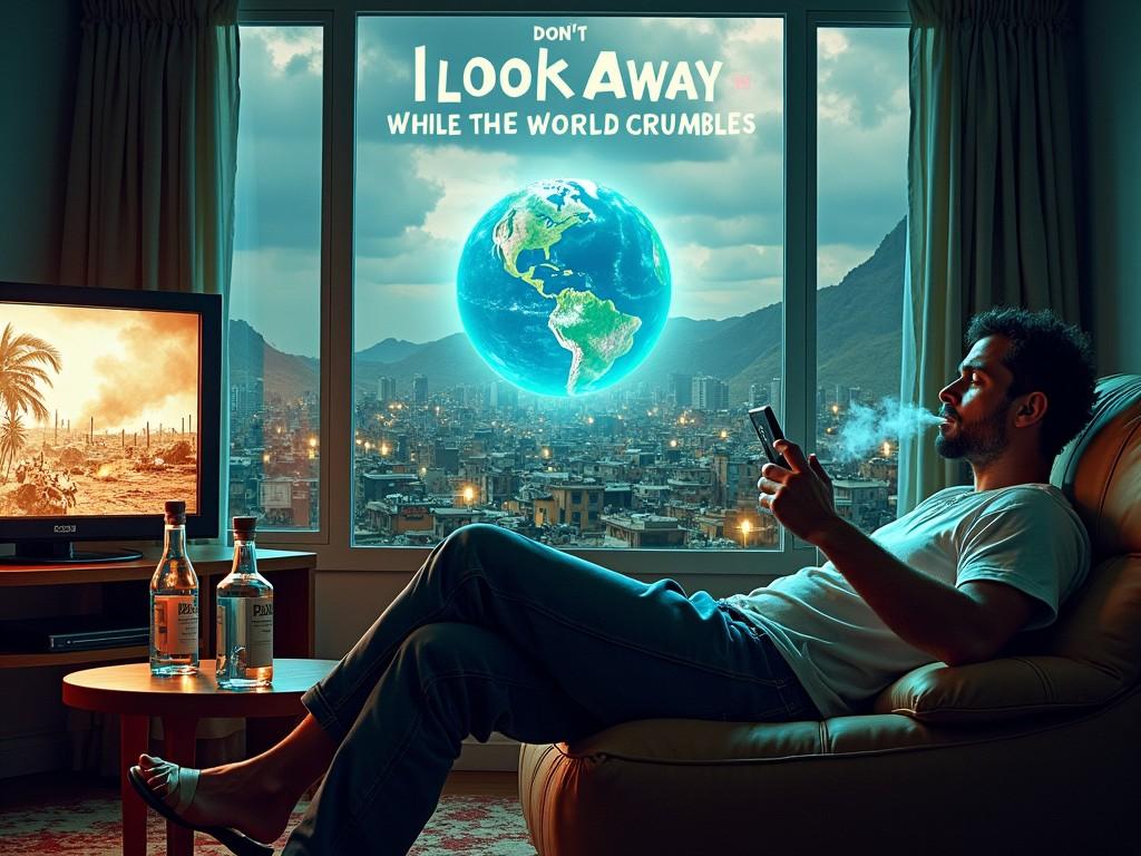 The image depicts a man lounging in a cozy chair, absorbed in his smartphone while smoke drifts from his mouth. Outside the window, the world appears in turmoil, with smoke and destruction visible in the landscape. A glowing, floating globe symbolizes the Earth, hinting at the urgent environmental issues of our time. The scene captures a stark contrast between personal solace and global chaos. The title 'Don't Look Away While the World Crumbles' suggests a call to action amid apathy.