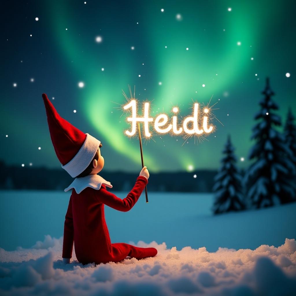 This image showcases an elf on the shelf positioned with its back to the viewer. The elf, dressed in a traditional red outfit, is facing up towards a beautiful dark sky filled with vibrant northern lights. With a magic wand in hand, it is elegantly writing the name 'Heidi' in sparkling letters against the backdrop. The snowy ground adds a serene touch to the magical scene. The overall atmosphere is filled with wonder and holiday joy, perfect for capturing the essence of Christmas.