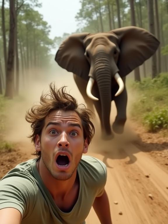 Digital photograph shows a young man running down a dusty forest path while taking a selfie. Behind him, a large wild elephant charges. The man's shocked expression is captured closely. Dust is kicking up around them. Tall trees line the path. Motion blur adds to the drama. Vertical photo.