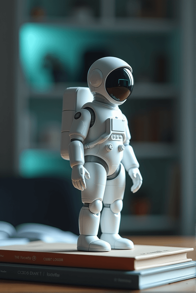 A small astronaut toy stands proudly atop a stack of books with a softly blurred bookshelf background.