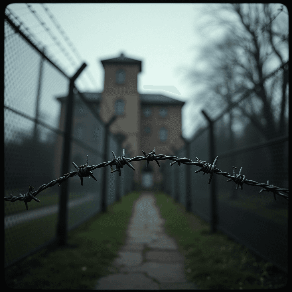 A close-up of barbed wire against a background of a fenced pathway leading to a blurred building.