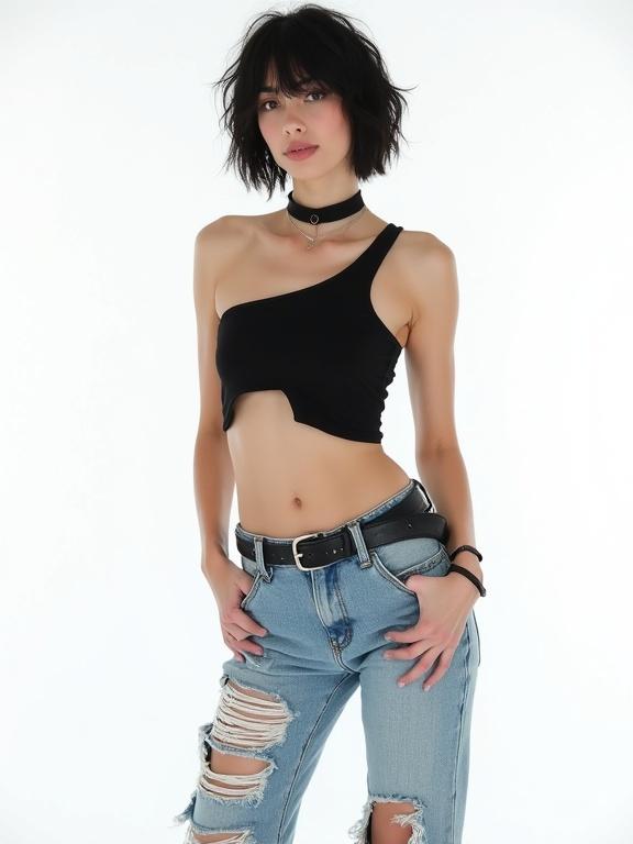 The photograph features a young woman with fair skin. She has a short black bob haircut and a neutral expression. She poses against a white background. She wears a black crop top with a cutout at the waist. Her toned abs are visible. She wears light blue, high-waisted, ripped jeans that are frayed at the knees. Her look includes black ankle boots, a black leather choker, and a thick black belt with silver buckles. Her pose is dynamic with movement and energy. The lighting is bright and highlights textures. The overall style is modern and urban.