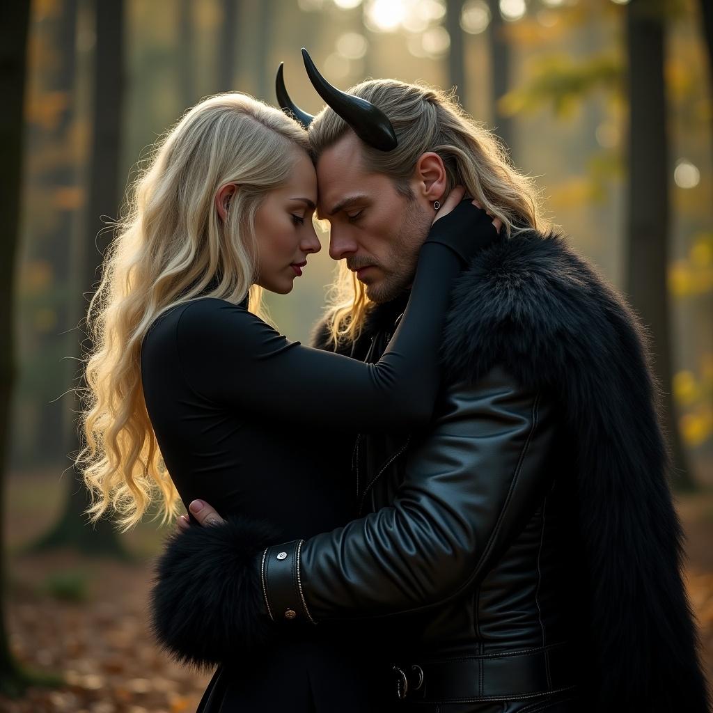 Loki character hugs a blonde goth girl in a forest. The setting features trees and a mystical atmosphere. Attention is on their clothing and accessories. Expressions show warmth and connection. The goth girl wears dark clothing with unique details. Loki has horns and a costume that represents his character. The scene is romantic with a fantasy vibe.