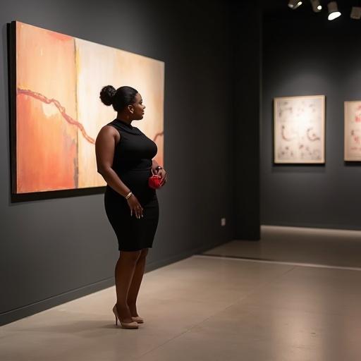 A plus size curvy woman stands in an art gallery. She wears a fitted black dress. A sleek low bun hairstyle and cat-eye eyeliner. One hand on her hip. The other holds a mini red clutch. She gazes at a large abstract painting. Clean polished background with framed artworks. Mood lighting in the gallery.