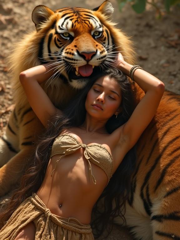Post-apocalyptic scene, Pixar inspired, from above, young woman with long hair in tattered loincloth lying on friendly tiger. Tiger healing leg injury with tongue. Cinematic lighting, dust, smoke, flames. Emphasizing friendship and calmness.