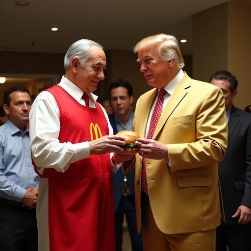 Benjamin Netanyahu dressed in McDonald's outfit giving a hamburger to Donald Trump wearing a gold suit. Both figures are in a social setting surrounded by people.