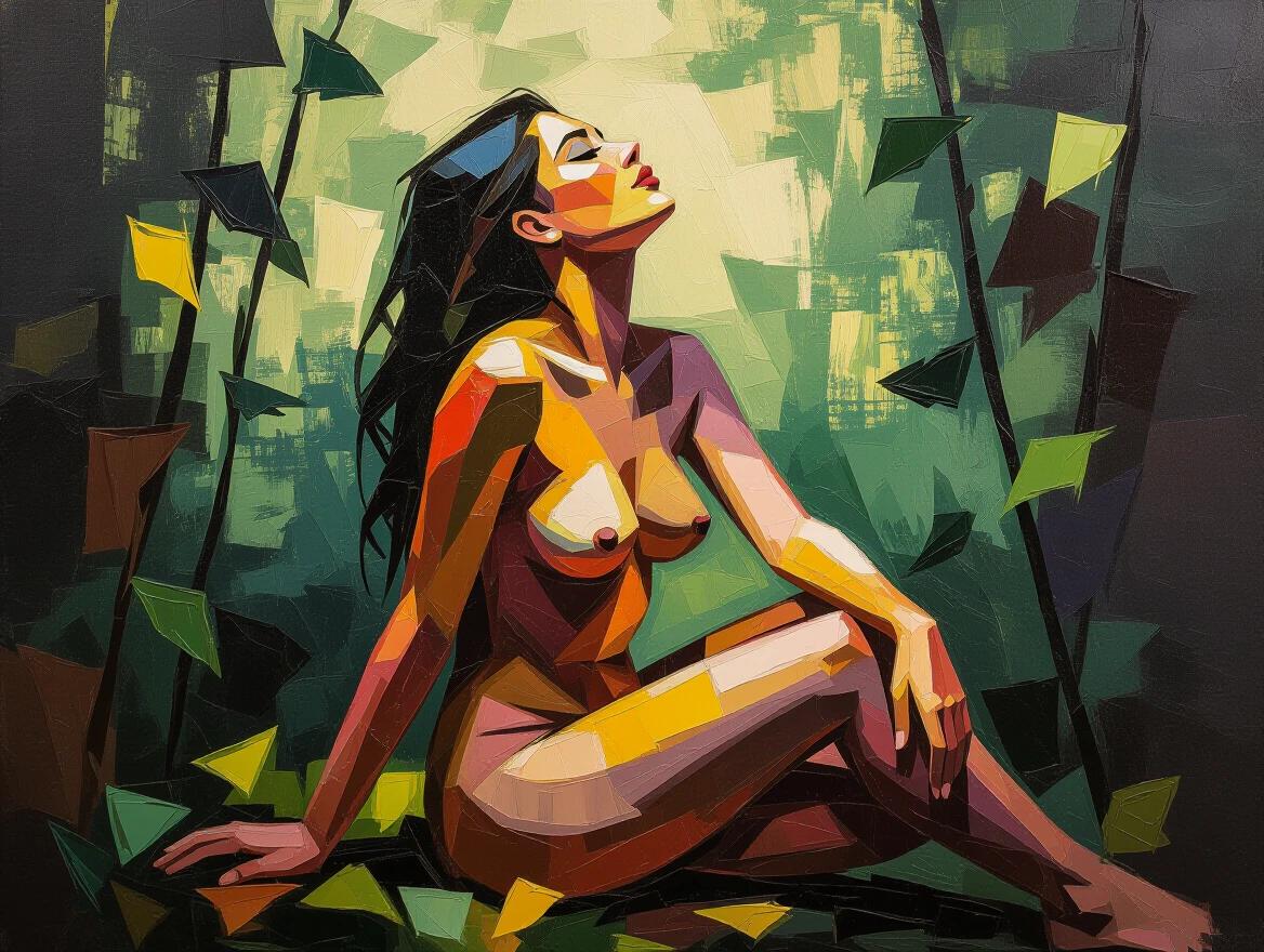 Impasto portrait painting features an abstract nude figure in vibrant colors. The artwork showcases heavy knife textures and layered strokes. The figure sits amidst leaves and vines with a strong connection to nature. The depiction represents a goddess-like presence. Vibrant forest tones dominate the palette.