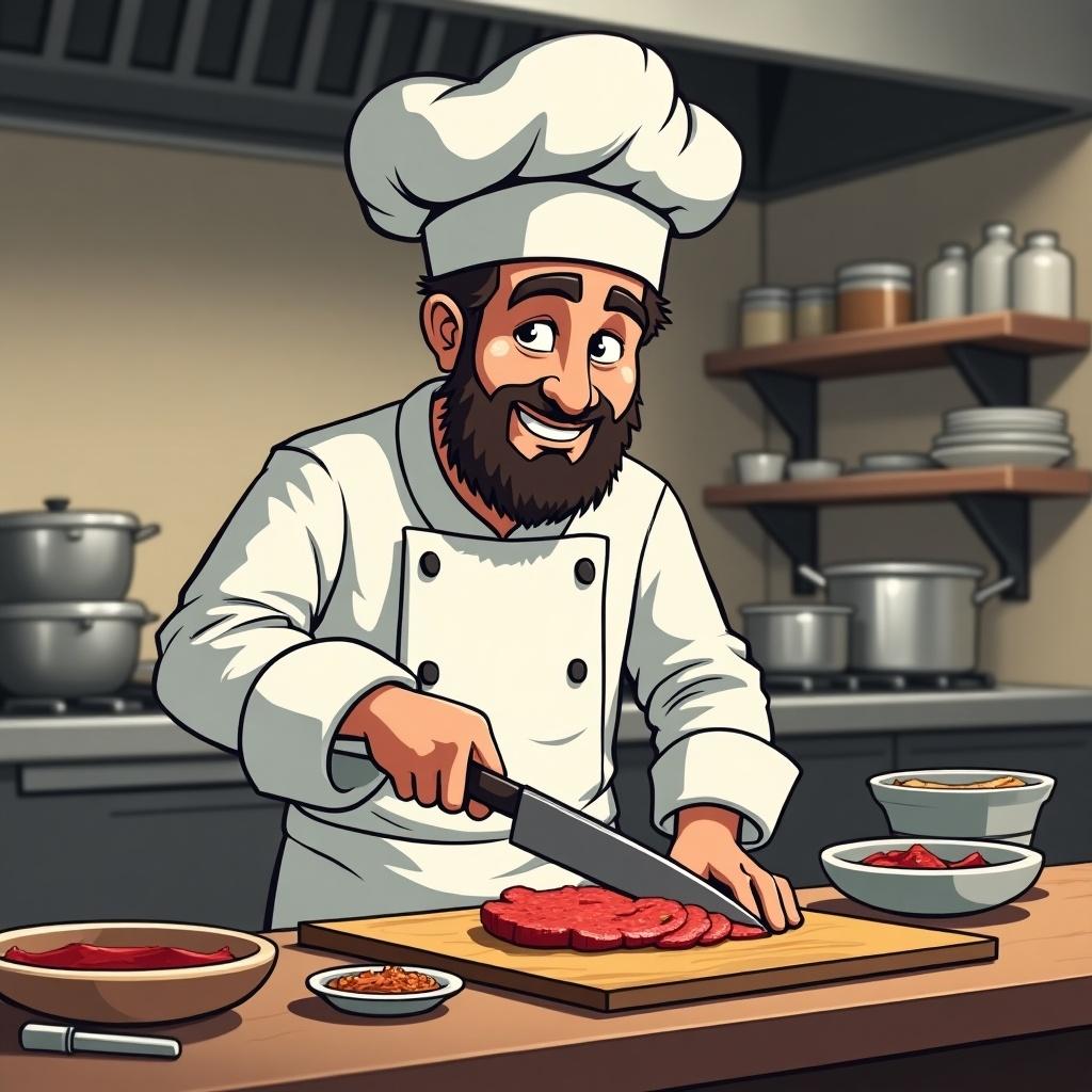 Cartoon of a chef slicing gyro in a professional kitchen. The setting includes kitchen equipment and ingredients. The chef has a friendly expression and is focused on preparing food.