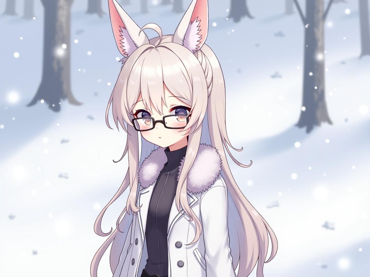 The image shows a character standing in a snowy environment, suggesting a wintry landscape with trees in the background. The character has long, light-colored hair that is styled with some sections braided and loose strands falling down their shoulder. They are wearing a stylish white coat with a fur collar, which adds an elegant touch to their outfit. The character is also wearing glasses, which complement their look. On top of their head, there are two cute animal-like ears that match the color of their hair. The overall vibe of the image is whimsical and magical, fitting for a character in a fantasy or animated setting.