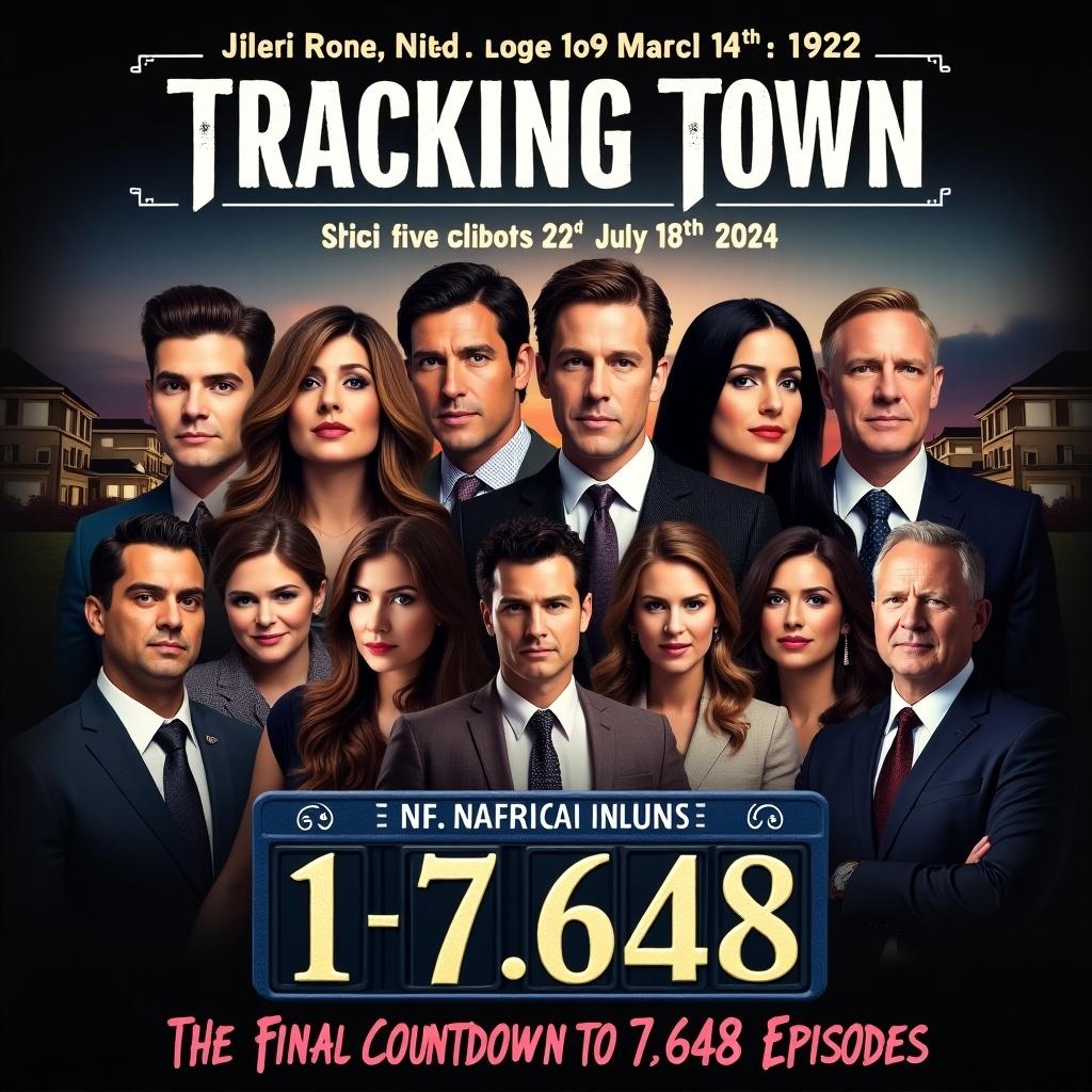 A promotional poster for a TV soap opera called Tracking Town features a group of actors in formal attire. The title is prominent. The air date and finale episode number are included. Dramatic lighting and a mansion in the background enhance the visual appeal.