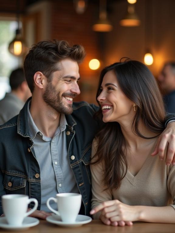 A couple laughing together in a coffee shop. They are dressed casually. The man shows genuine emotion. The moment is candid and real.