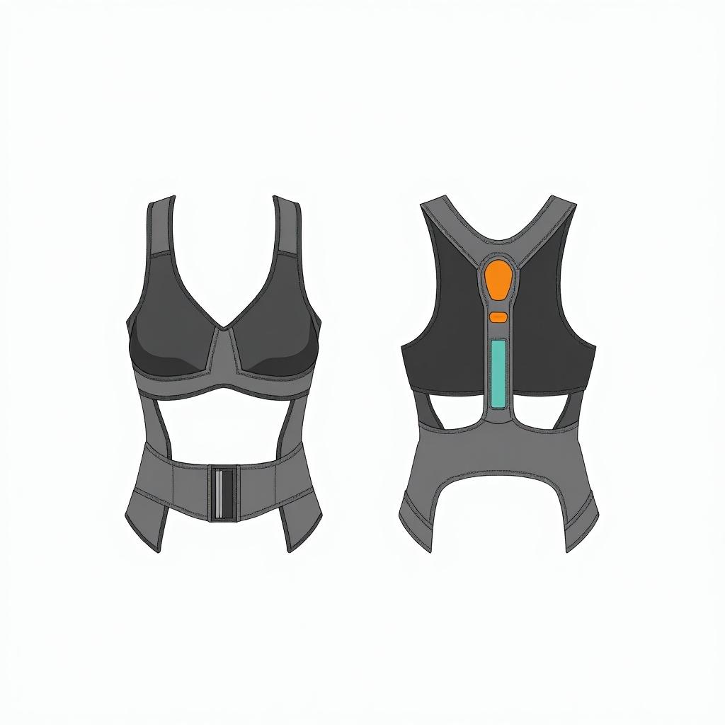 Design specifications for a wearable device resembling a bra for men and women. Features a chest-centric design with a modern shape. Uses smooth matte materials and compact PCB housing. Includes visible electrode placements and adjustable straps for comfort. Balanced aesthetics and functionality for discreet wear.