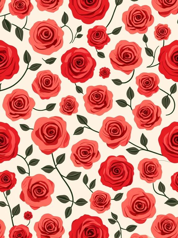 Seamless pattern with stylized red roses. Roses are viewed from above. Arranged tightly with no gaps. Simplified geometric shapes. Bold red tones with minimal shading. Pattern repeats perfectly both ways. Bright, vibrant floral surface. No green leaves. On a light neutral background.