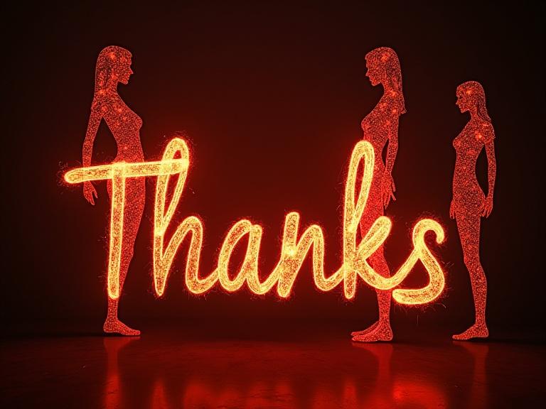 Light painting of two voluptuous women silhouettes. Text in glowing form says 'Thanks'. Dark background enhances glowing effect.