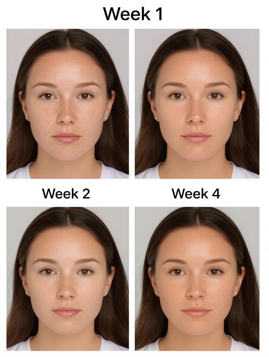 Timelapse shows facial skin progression over three weeks. Week 1 features significant acne and pimples. Week 2 shows reduction in acne but still present. Week 4 displays minor imperfections with clearer skin. Focus is on realism and facial clarity without hiding flaws.