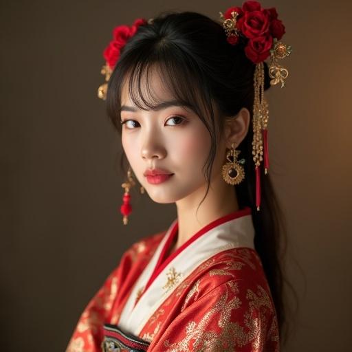 Elegant East Asian woman wearing traditional costume. Soft lighting highlights beauty. Floral hair accessories enhance cultural look.