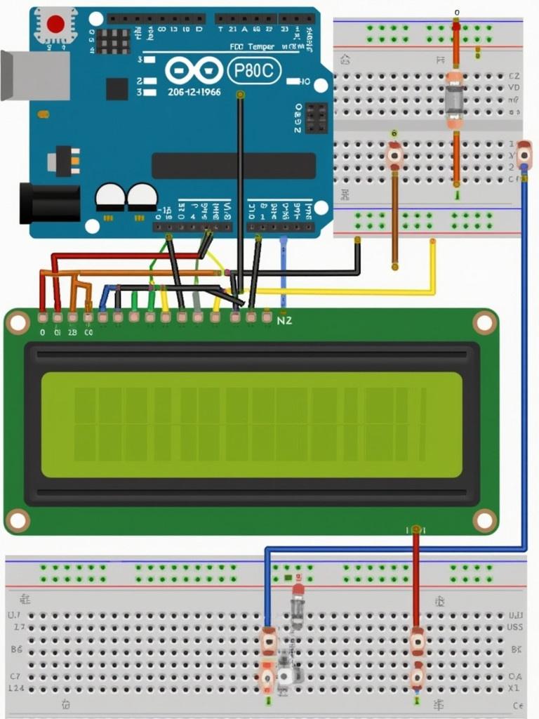 Circuit design that connects a temperature sensor to a microprocessor. It includes an ADC and displays temperature data on an LCD screen.