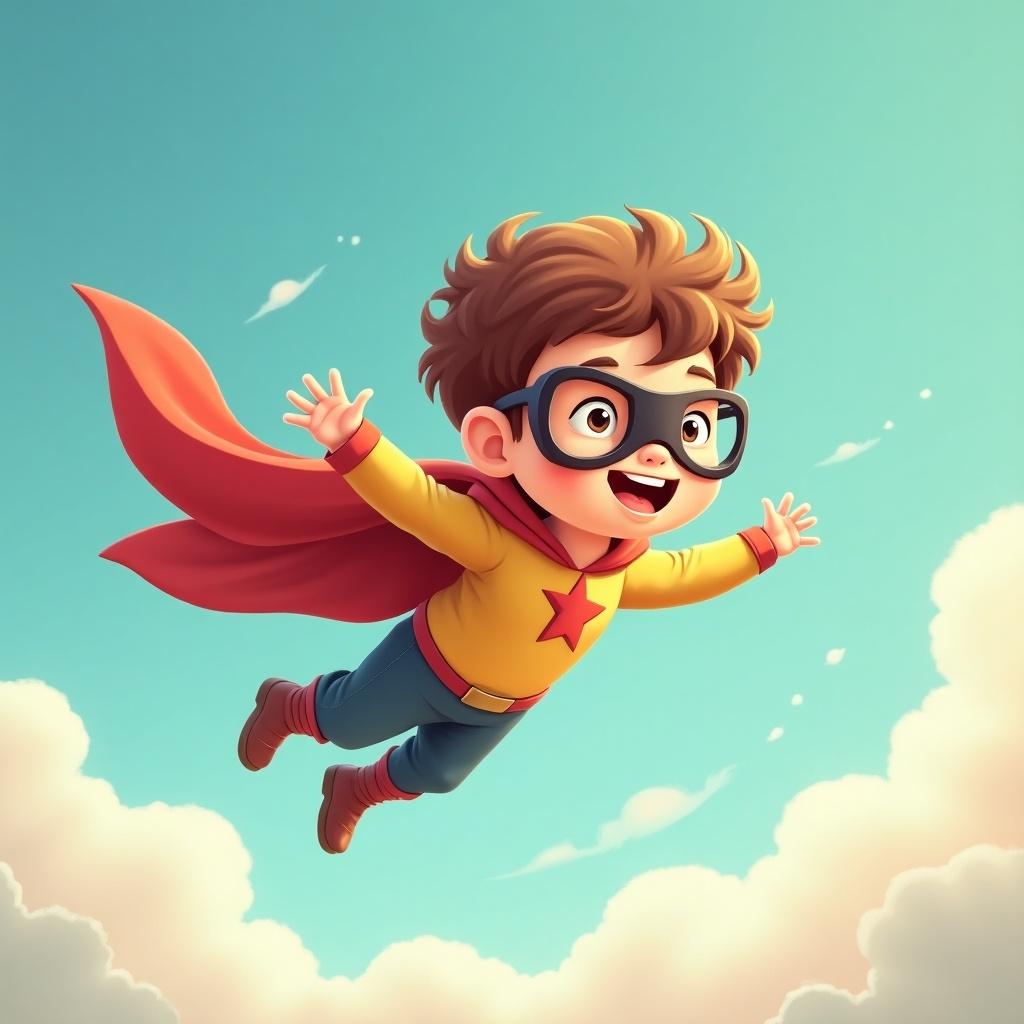 A small child dressed as a superhero flying in the sky. The child is wearing a yellow shirt with a star and a red cape. Clouds surround the child while they radiate joy and imagination. The scene conveys a sense of adventure and creativity.