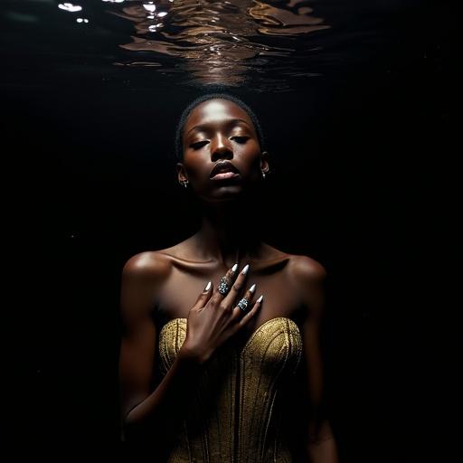 Model submerged in black water with only face and hand visible. Sculptural neckpiece and hand adorned with diamond rings. Gold corset floats below, distorted forms. Taken from below water surface with upward view. Floating hair extensions. Hyper-realistic style with amplified surface tension lines.