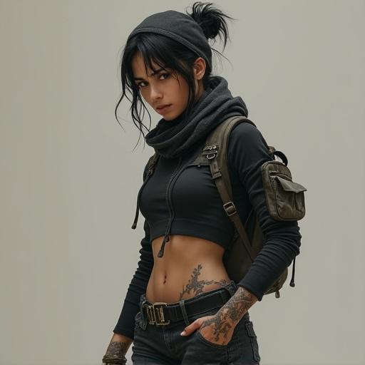 Photorealistic image of a young woman named Nara in her early 20s. She has a lean, toned body with taut muscles visible beneath snug layers. Dark hair is pulled into a bun with loose strands near her face. Clothes are dark and utilitarian, designed for movement. A fitted jacket and low-riding cargo pants showcase her athletic frame. Scuffed boots lace tightly over strong calves. A worn backpack carries essentials. Nara's expression is intense, conveying a reserved, watchful nature. Her hands and forearms show faint scars and tattoos. Light emphasizes her figure against a neutral background.
