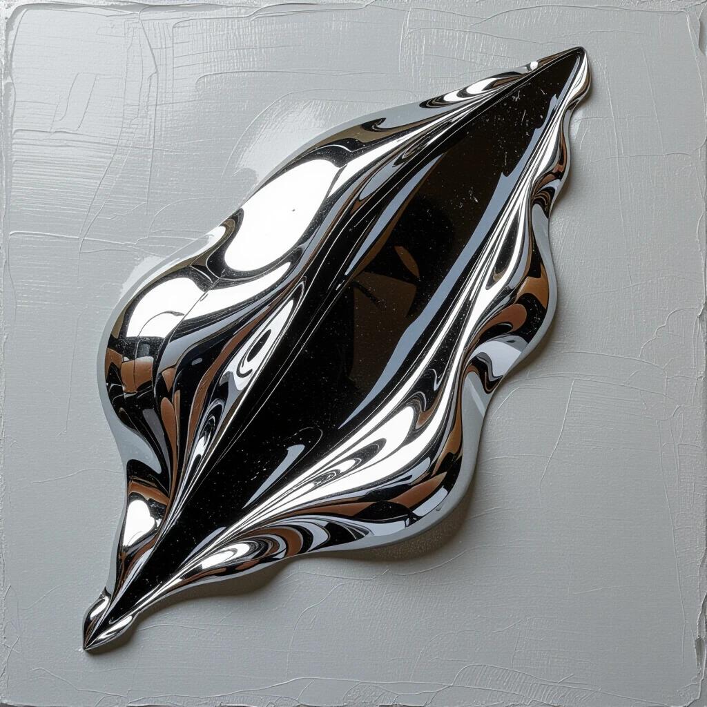 Heavy impasto oil painting featuring a sharp, liquid metallic form. It has sculptural qualities with textured brushstrokes made using a palette knife. The color scheme primarily consists of liquid chrome and black on a muted background.