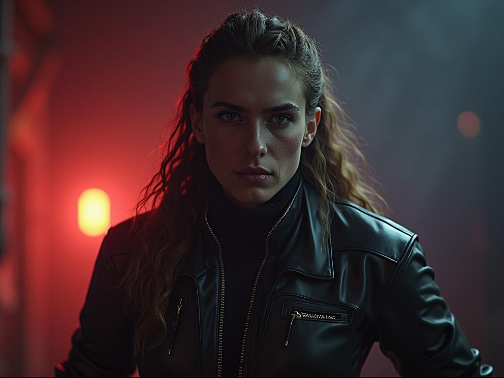 A figure stands confidently wearing a black leather jacket. The setting is dimly lit with a red glow in the background. The atmosphere feels intense and mysterious. The figure presents a strong stance conveying an air of secrecy and strength.