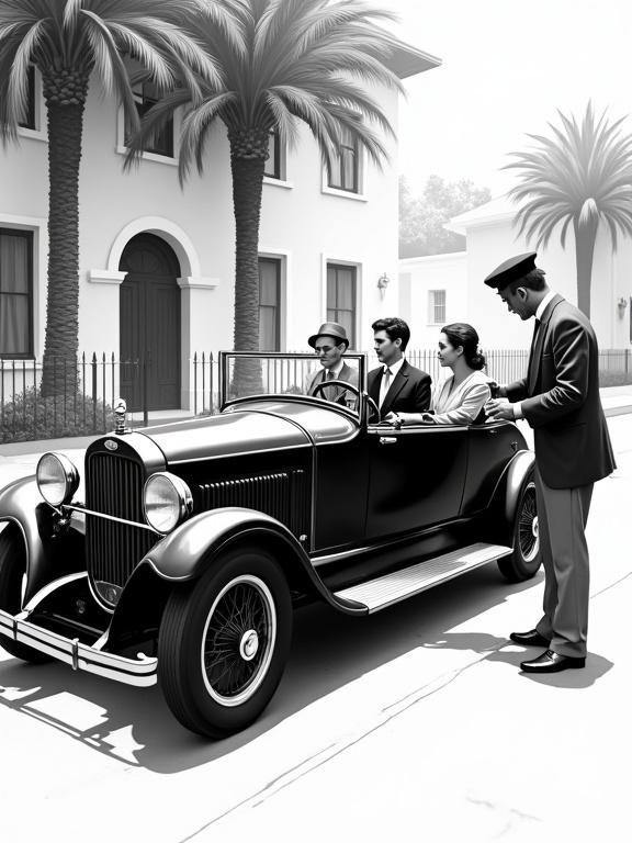 Vintage black and white illustration of a 1920s car scene featuring a chauffeur and three passengers. The car is rich black with chrome details. The chauffeur assists while people inside are dressed in 1920s attire. The background shows a light-colored house with palm trees.